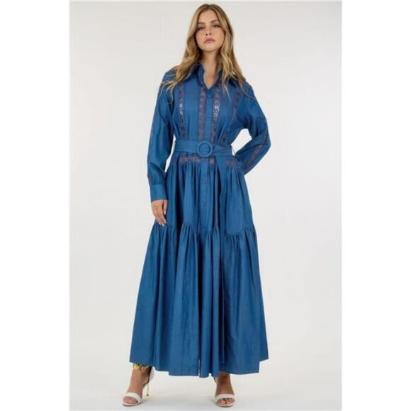 Long Sleeve Maxi Dress/ Lace Detailing/ With Belt- Denim Color - Picture 2 of 6
